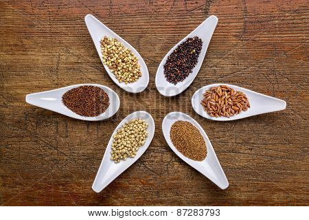 six healthy, gluten free grains (quinoa, brown rice, teff, buckwheat, sorghum. kaniwa), top view of small spoons against rustic wood