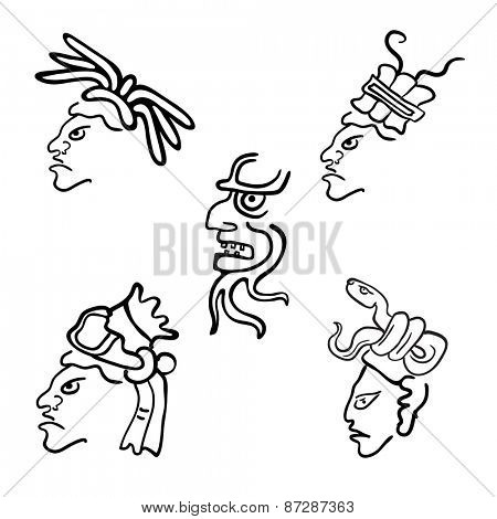 Faces in style of Maya Indians, vector illustration on white background