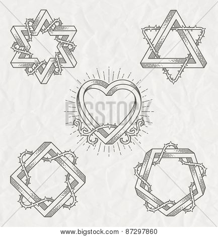Tattoo style line art symbols with impossible shape with thorns branches - vector set