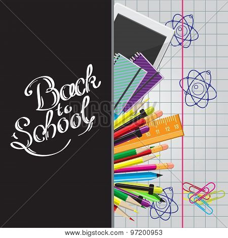 Calligraphic Back to school illustration with set of stationery, computer tablet on a exercise book