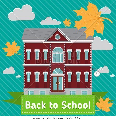School building in front of blue sky with autumn clouds and leaves. Vector flat illustration