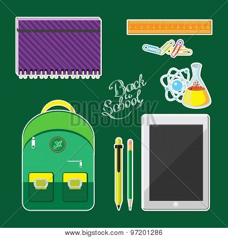 Set of school supplies and computer tablet. Vector illustration