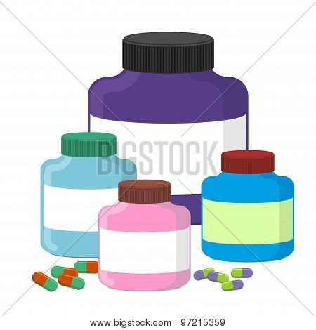 Set Sport Nutrition Supplement Containers Vector Illustration. Supplements For Bodybuilding.