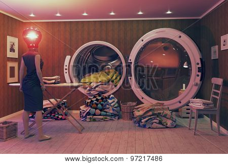 Woman on the brink of hysteria and the Big Wash. 3d Creative concept