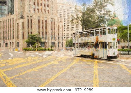 Double-decker tram on street of Hong Kong