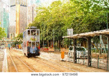 Double-decker tram on street of Hong Kong