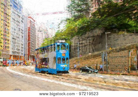 Double-decker tram on street of Hong Kong