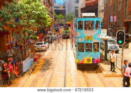 Double-decker tram on street of Hong Kong