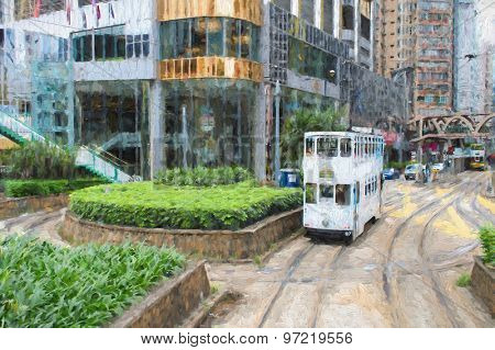 Double-decker tram on street of Hong Kong