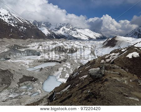 Frozen Lakes On The Ngozumba Glacier