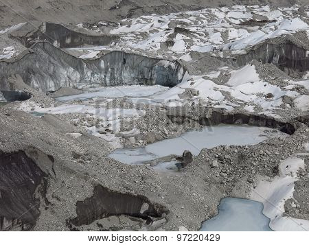 Frozen Lakes And Moraines On The Ngozumba Glacier