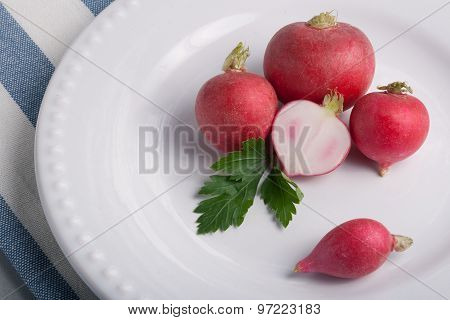 Five Radishes On A White Plate