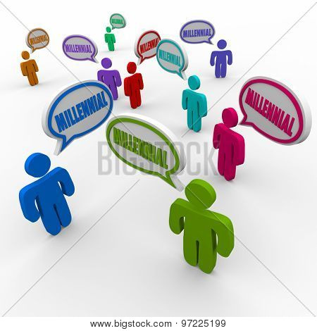 Millennial words in speech bubbles over people in generation Y talking to each other sharing ideas and being social