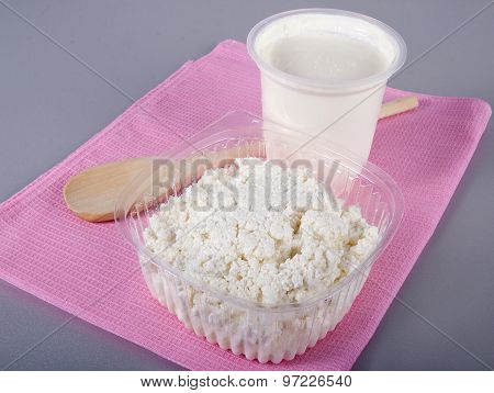 Curd And Sour Cream On A Pink Napkin