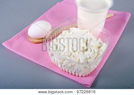Curd And Sour Cream On A Pink Napkin