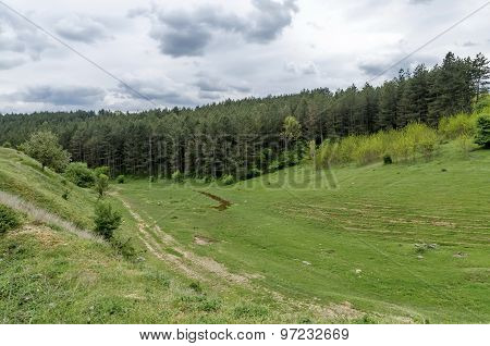 Background of sky, clouds, field  and river