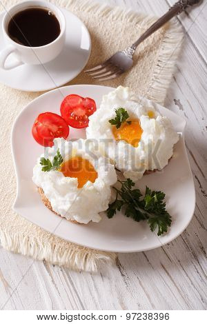 Gourmet Breakfast: Eggs Orsini And Coffee Close-up. Vertical