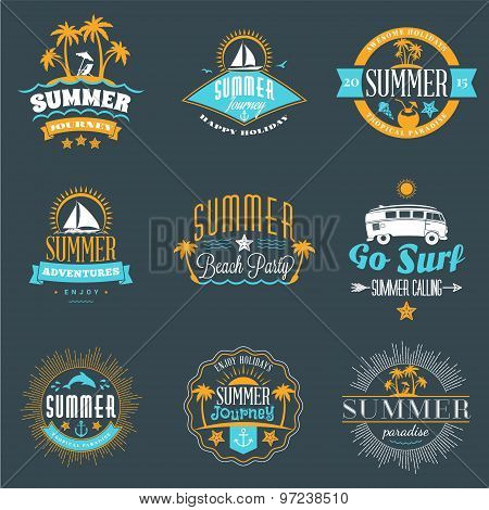 Summer Holidays Design Elements. Set Of Hipster Vintage Logotypes And Badges In Three Colors On Dark
