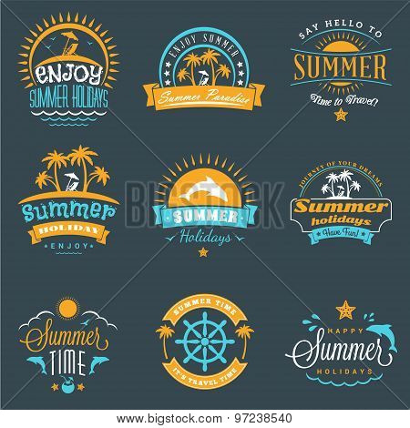Summer Holidays Design Elements. Set Of Hipster Vintage Logotypes And Badges In Three Colors On Dark