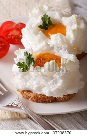 Beautiful Food: Fried Eggs Orsini And Tomatoes Close-up. Vertical