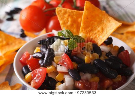 Mexican Salsa In A Bowl And Corn Chips Nachos Macro. Horizontal