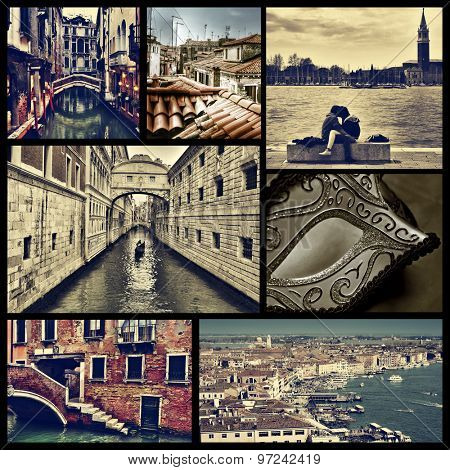 a collage of some pictures of different locations in Venice, Italy, such as small canals, the Bridge of Sighs or the Grand Canal, cross processed