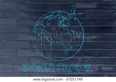 World Travel: Man With Luggage And Travel Destinations Across The Globe