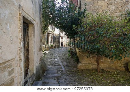 Old and small Istrian street in Groznjan, Croatia.