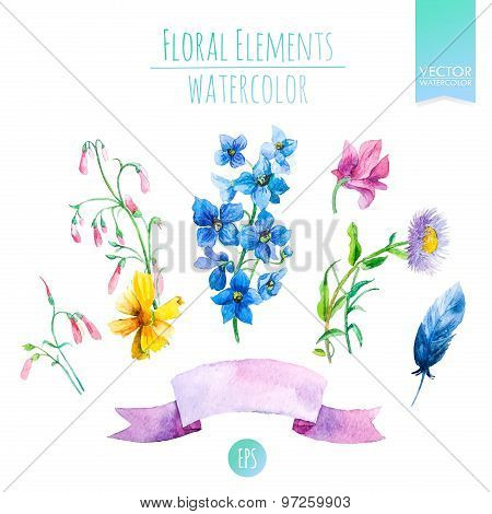 Floral Set with Watercolor Flowers for Summer or Spring Cards, Invitations, Flayers, Banners or Post