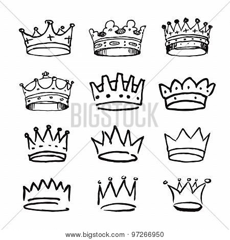 Set Of Black Hand Drawn Crowns