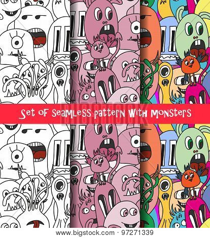 Set of abstract seamless pattern with monsters.
