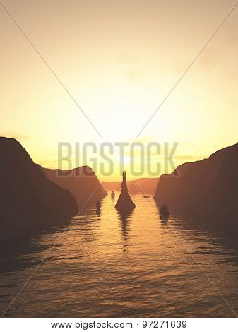 Sailing Ships on the River at Sunset