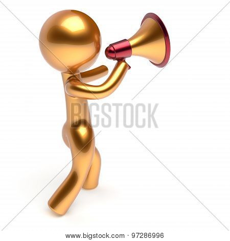 Man Character Speaking Megaphone Making Announcement