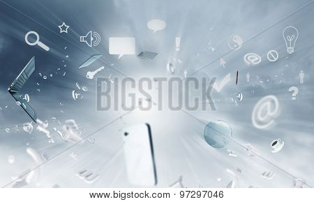 Conceptual image with business items flying in air