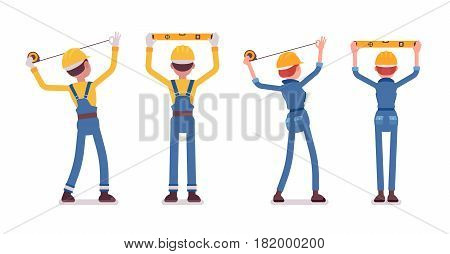 Set of male and female professional worker, wearing yellow protective hardhat, blue suit, doing measurement, planning with spirit level and tapeline, full length, rear view, isolated, white background
