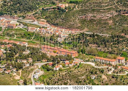 Monistrol de Montserrat overlook, town at the bottom of the Montserrat Mountain, Catalonia, Spain