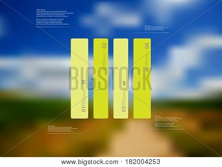 Illustration infographic template with motif of rectangle vertically divided to four standalone green sections. Blurred photo with natural motif landscape with cloudy sky is used as background.