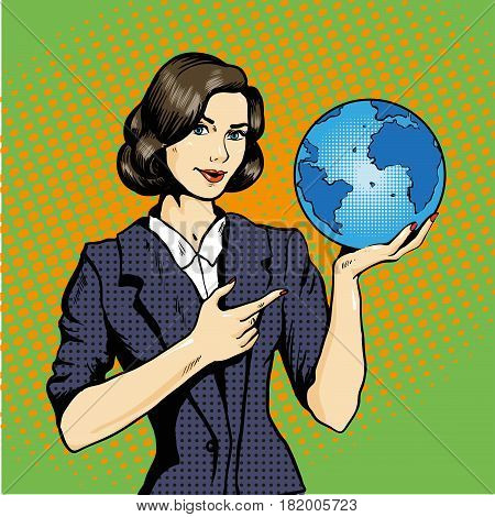 Business lady with planet Earth in hand. Stock vector illustration in pop art retro comic style