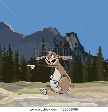 cartoon funny hare scoffs pointing in the direction