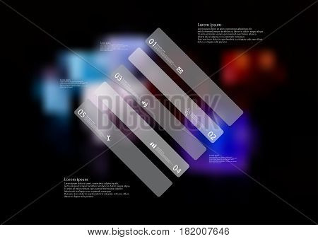 Illustration infographic template with motif of rhombus askew divided to five standalone grey sections. Blurred photo with colorful game dices motif on black board is used as background.