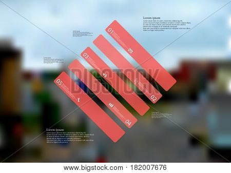 Illustration infographic template with motif of rhombus askew divided to five standalone red sections. Blurred photo with city motif with crossroad of streets is used as background.