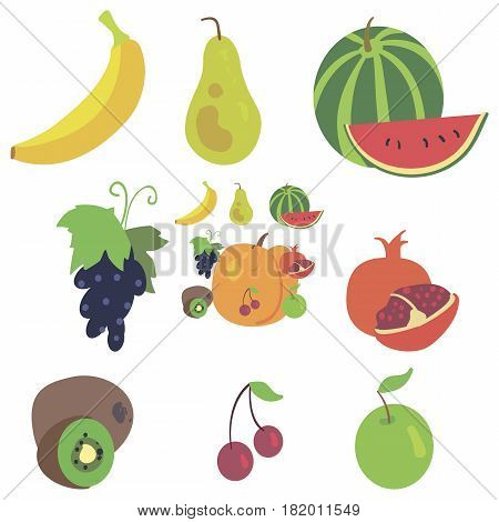 Set of sweet fruits in funny bright manner, simple flat vector style