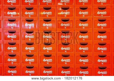 Ceske Budejovice Czech Republic - June 30 2016: Budvar Budweiser brewery. Wall of beer crates.