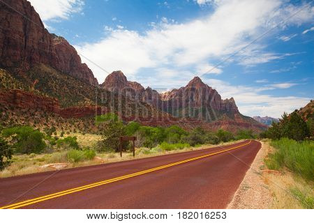 Famous Zion National Park. It is a southwest Utah nature preserve distinguished by Zion Canyon's steep red cliffs