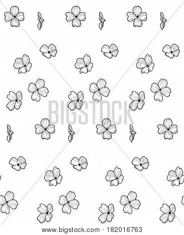 Vector Black Decorative Seamless Backdround Pattern with Drawn Flowers, Blossom, Plants. Doodle Style Greenery, Lush Foliage, Foliate. Vector Illustration. Pattern Swatch