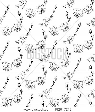 Vector Black Decorative Seamless Backdround Pattern with Drawn Flowers, Blossom, Plants. Doodle Style Greenery, Lush Foliage, Foliate. Vector Illustration. Pattern Swatch