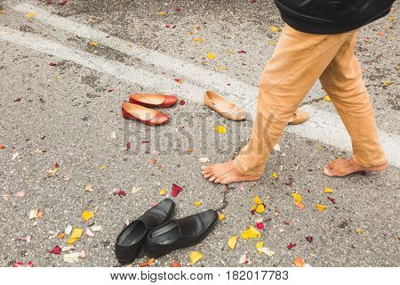 Detail Of Feet And Shoes During The Vaisakhi Parade
