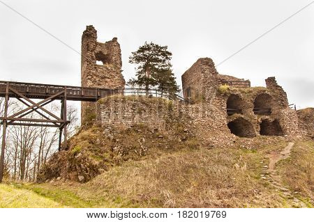 Zubstejn ruins of the castle built in the 13th century. It stands on a hill above the village Pivonice in Czech Republic. Overcast day