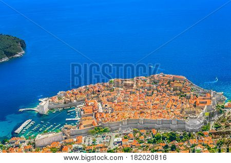 Sunny aerial view at famous travel destination in Europe, Dubrovnik town, UNESCO World's Heritage Site.