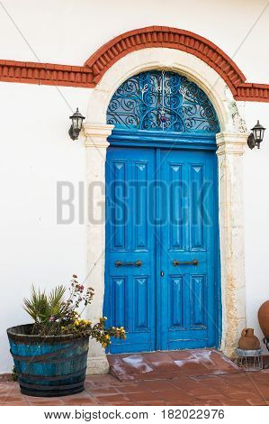 Wooden front door of a home. Front view of a wooden front door.